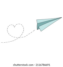 paper airplane with heart shaped trail, design element for valentine's day.