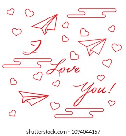 Paper airplane, hearts, clouds and inscription i love you.Template for design, fabric, print. Greeting card Valentine's Day.