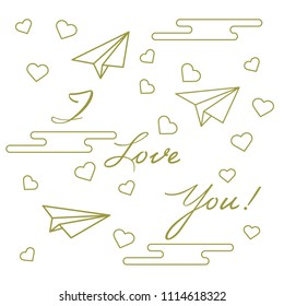 Paper airplane, hearts, clouds and inscription i love you.Template for design, fabric, print. Greeting card Valentine's Day.