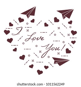 Paper airplane, hearts and inscription i love you. Template for design, fabric, print. Valentine's Day.
