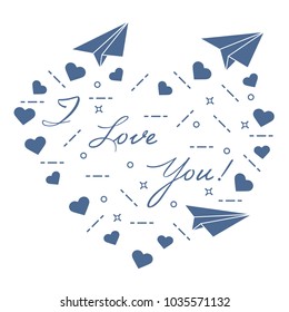 Paper airplane, hearts and inscription i love you. Template for design, fabric, print. Valentine's Day.