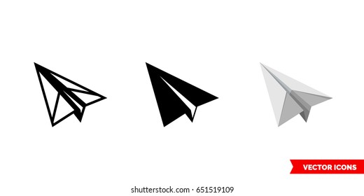 Paper airplane icon of 3 types: color, black and white, outline. Isolated vector sign symbol.