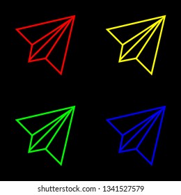Paper airplane icon, color set. Black background