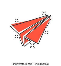 Paper airplane icon in comic style. Plane vector cartoon illustration on white isolated background. Air flight business concept splash effect.