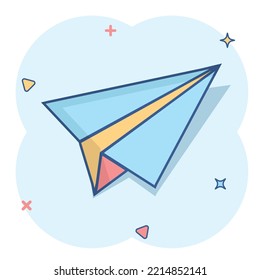 Paper airplane icon in comic style. Plane vector cartoon illustration on white isolated background. Air flight business concept splash effect.