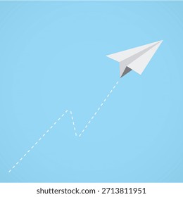 Icono de avión de papel con avión volador de ruta punteada en ilustración de fondo azul