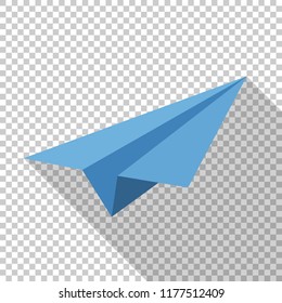 Paper airplane icon in flat style with long shadow on transparent background