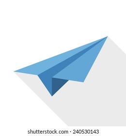 Paper airplane icon with long shadow on white background