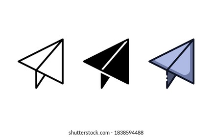 Paper airplane icon. With outline, glyph, and filled outline styles