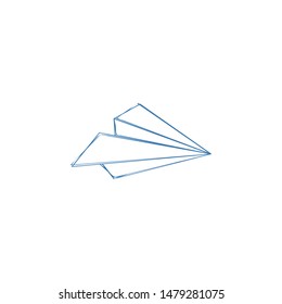 Paper airplane icon. Send, submit, upload sign, outline symbol. Aircraft, flying machine. Hand drawn, sketch design. Blue airplane. Paper plane travel, delivery concept.