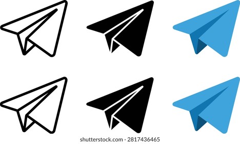 Paper airplane icon set showing outline, filled, and colored versions with blue shading for communication, message, and travel concept flat vector illustration