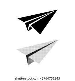 Paper airplane icon in solid and halftone styles. Minimal vector illustration symbolizing message, communication, startup, launch and creativity in modern design.
