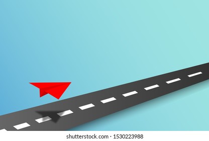 Paper airplane  icon symbol flying with blue sky background in paper art craft style design. paper airplane stay on the track for business goals and target creative business idea concept. 