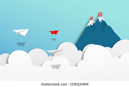 Paper airplane  icon symbol illustration fyling for target and business goal with red paper airplane leader in paper art craft style design. paper airplane creative business idea concept. vector 