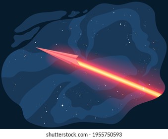 Paper airplane launch to outer space with planets and comet. Aircraft flies and leaves fire trail