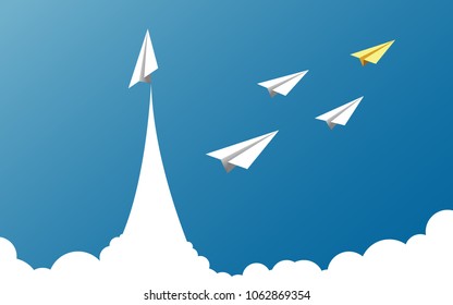 Paper airplane as a leader among another airplane , leadership, teamwork on blue sky background.