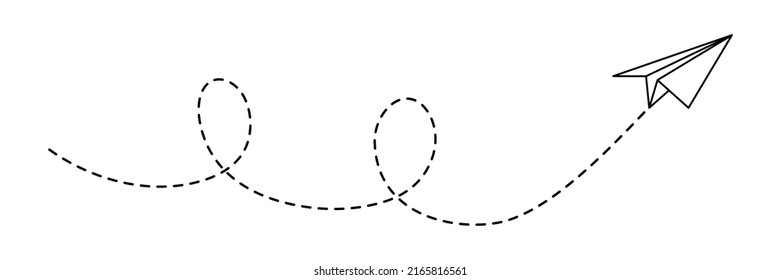 Paper airplane with line dotted route. Sending message linear fold plane with dotted path. Vector isolated on white.