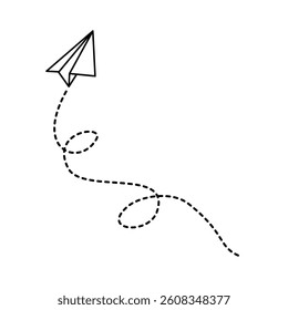 Paper airplane with line dotted route. Vector illustration isolated on white background.