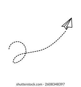 Paper airplane with line dotted route. Vector illustration isolated on white background.