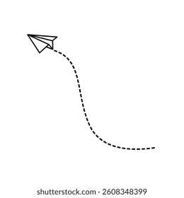 Paper airplane with line dotted route. Vector illustration isolated on white background.