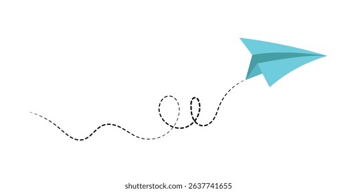 Paper airplane with line dotted route. Sending message linear fold plane with dotted path. Vector isolated on white background in eps 10.