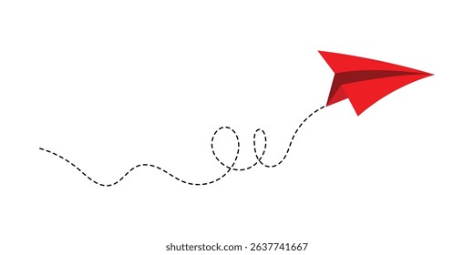 Paper airplane with line dotted route. Sending message linear fold plane with dotted path. Vector isolated on white background in eps 10.
