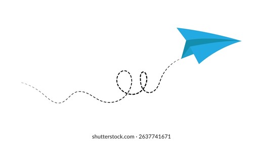 Paper airplane with line dotted route. Sending message linear fold plane with dotted path. Vector isolated on white background in eps 10.