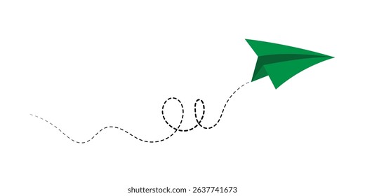 Paper airplane with line dotted route. Sending message linear fold plane with dotted path. Vector isolated on white background in eps 10.