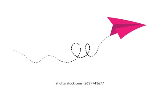 Paper airplane with line dotted route. Sending message linear fold plane with dotted path. Vector isolated on white background in eps 10.
