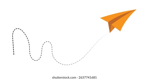 Paper airplane with line dotted route. Sending message linear fold plane with dotted path. Vector isolated on white background in eps 10.