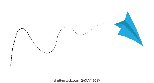 Paper airplane with line dotted route. Sending message linear fold plane with dotted path. Vector isolated on white background in eps 10.