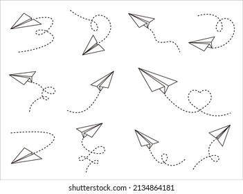 Paper airplane line icon symbol of travel and routein vector format.