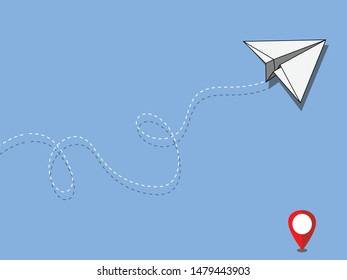 Paper Airplane line path vector icon of air plane flight route with start point and dash line trace.