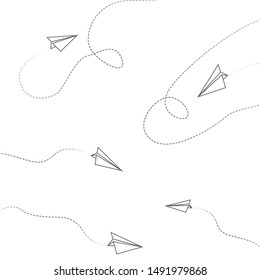 paper Airplane line path vector icon of air paper plane flight route with start point and dash line trace