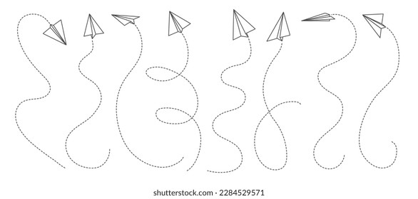 Paper airplane lines, vector air travel. Outline origami planes flying with flight trails of dashed lines. Isolated thin line folded paper aircraft toys, origami airplanes, planes and gliders