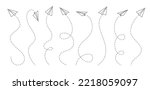 Paper airplane lines. Vector hand drawn outline paper planes and airplanes with dashed lines of flight route trails. Isolated origami aircraft, flying gliders with folded paper wings and contrails