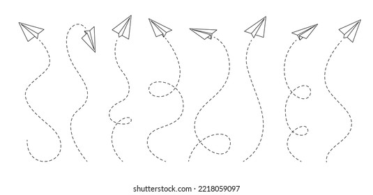 Líneas de avión de papel. Planos de papel y aviones dibujados a mano por vectores con líneas discontinuas de rutas de vuelo. Aeronaves de origami aisladas, planeadores voladores con alas y contralores de papel doblado