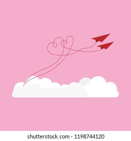 Paper airplane in love flying on sky and cloud, Dash heart in the sky, Valentine concept. Vector illustration flat