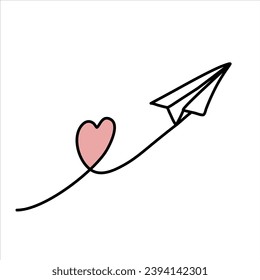 Avión de papel con mensaje de amor, ilustración de doodle vectorial.