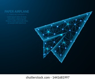 Paper airplane low poly design, flight up abstract geometric image, SEO optimization wireframe mesh polygonal vector illustration made from points and lines on dark blue background