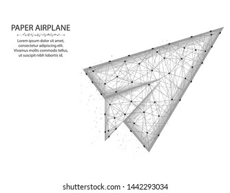 Paper airplane low poly design, flight up abstract geometric image, SEO optimization wireframe mesh polygonal vector illustration made from points and lines on white background