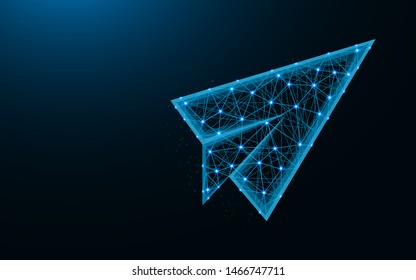 Paper airplane low poly design, flight up abstract geometric image, SEO optimization wireframe mesh polygonal vector illustration made from points and lines on dark blue background