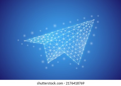Símbolo de baja polilla del avión de papel con puntos conectados en blanco. 3d aerolínea geométrica poligonal Turismo. Viajes, libertad, diseño de aviación ilustración vectorial