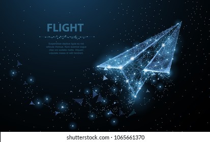 Paper airplane. Low poly wireframe mesh looks like constellation on dark blue background with dots and stars. Stardust trail effect. Travel, freedom and aviation concept illustration or background