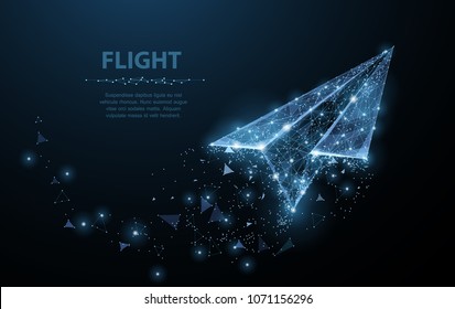 Paper airplane. Low poly wireframe mesh looks like constellation on dark blue background with dots and stars. Stardust trail effect. Travel, freedom and aviation concept illustration or background