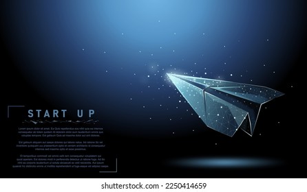 Papierflugzeug. Low-Poly-WLAN-Maschen sieht aus wie eine Konstellation auf dunkelblauem Hintergrund mit Punkten und Sternen. Stardust Trail Effekt. Reise-, Freiheit- und Luftfahrtkonzeption, Illustration oder Hintergrund