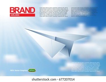 Paper airplane magazine or poster template origami, flying in a beautiful blue sky. Realistic 3D vector image.