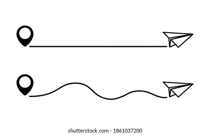 Paper airplane with a map pin and dotted path. Airplane path. Travel and distance concept. Plane and a map pin. Travel route. Vector illustration