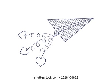 a paper airplane from a notebook into a page. eps10 vector illustration. hand drawing