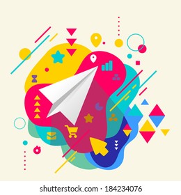 Paper airplane on abstract colorful spotted background with different elements. Flat design.